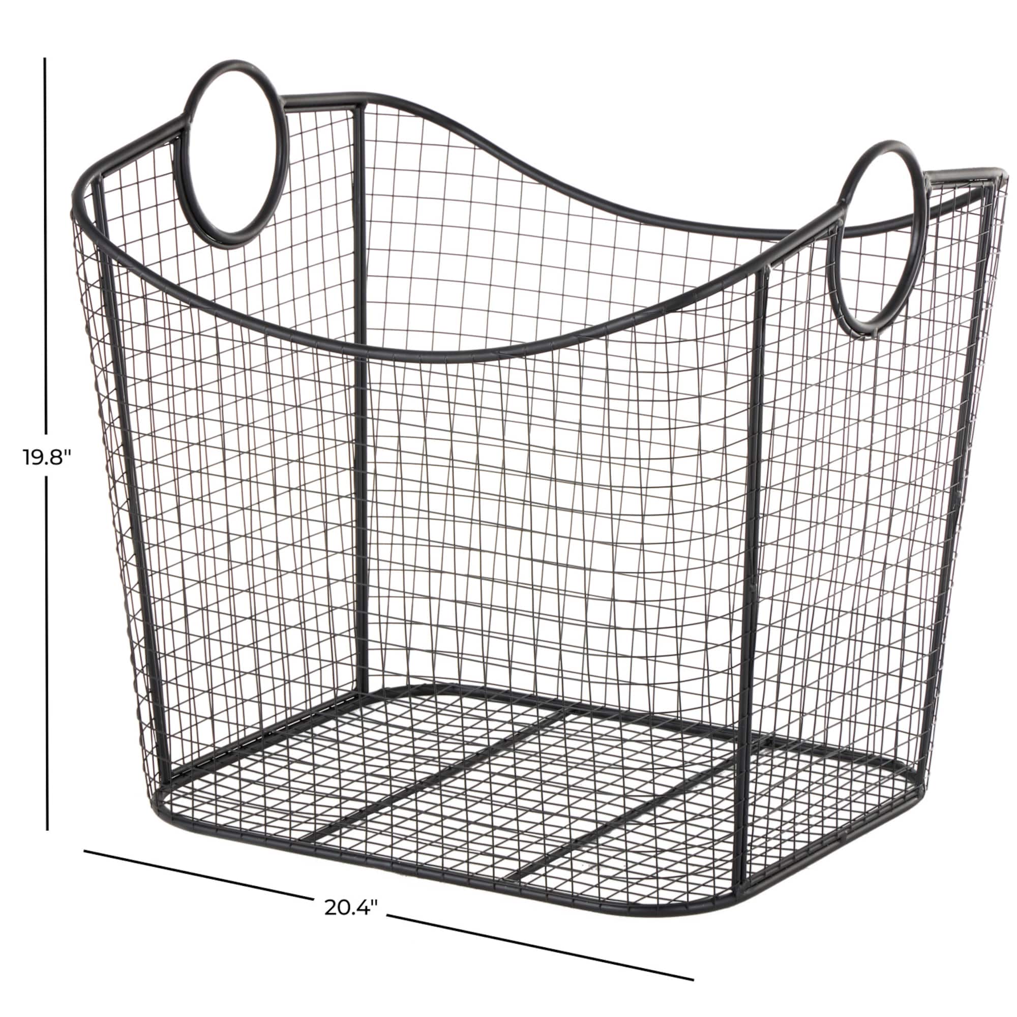 20" Black Metal Storage Basket with Curved Sides & Ring Handles